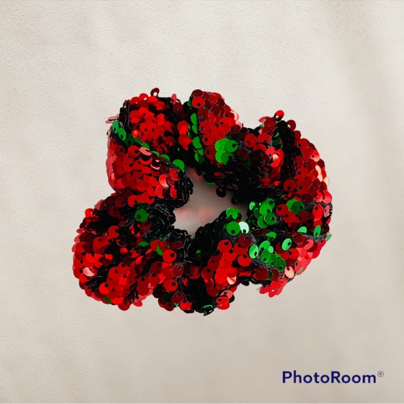 Red And Green Sequined Holiday Hair Scrunchy - Picture 2 of 9